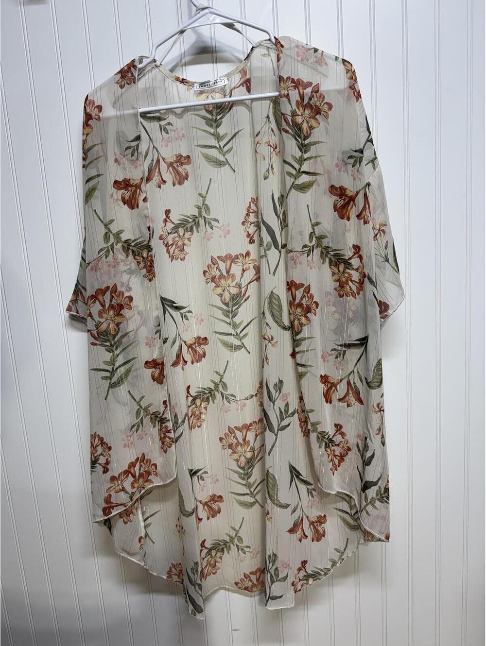 Emory Park Floral Metallic Stripe Chiffon Kimono Cardigan Cover Up Adult Small